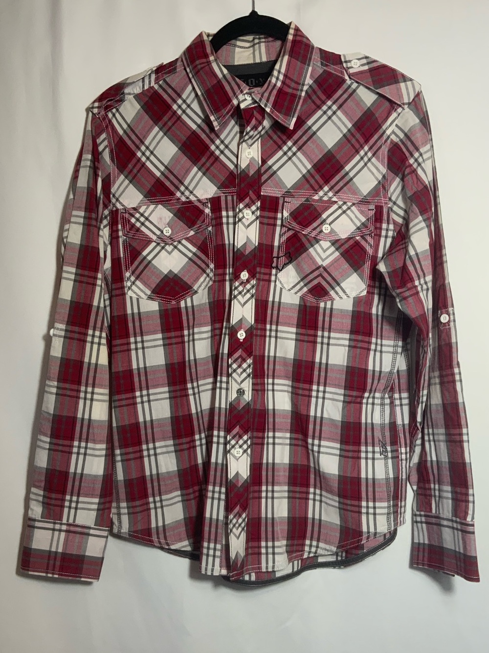 Fox Men's Red and White Plaid Button-Down Shirt